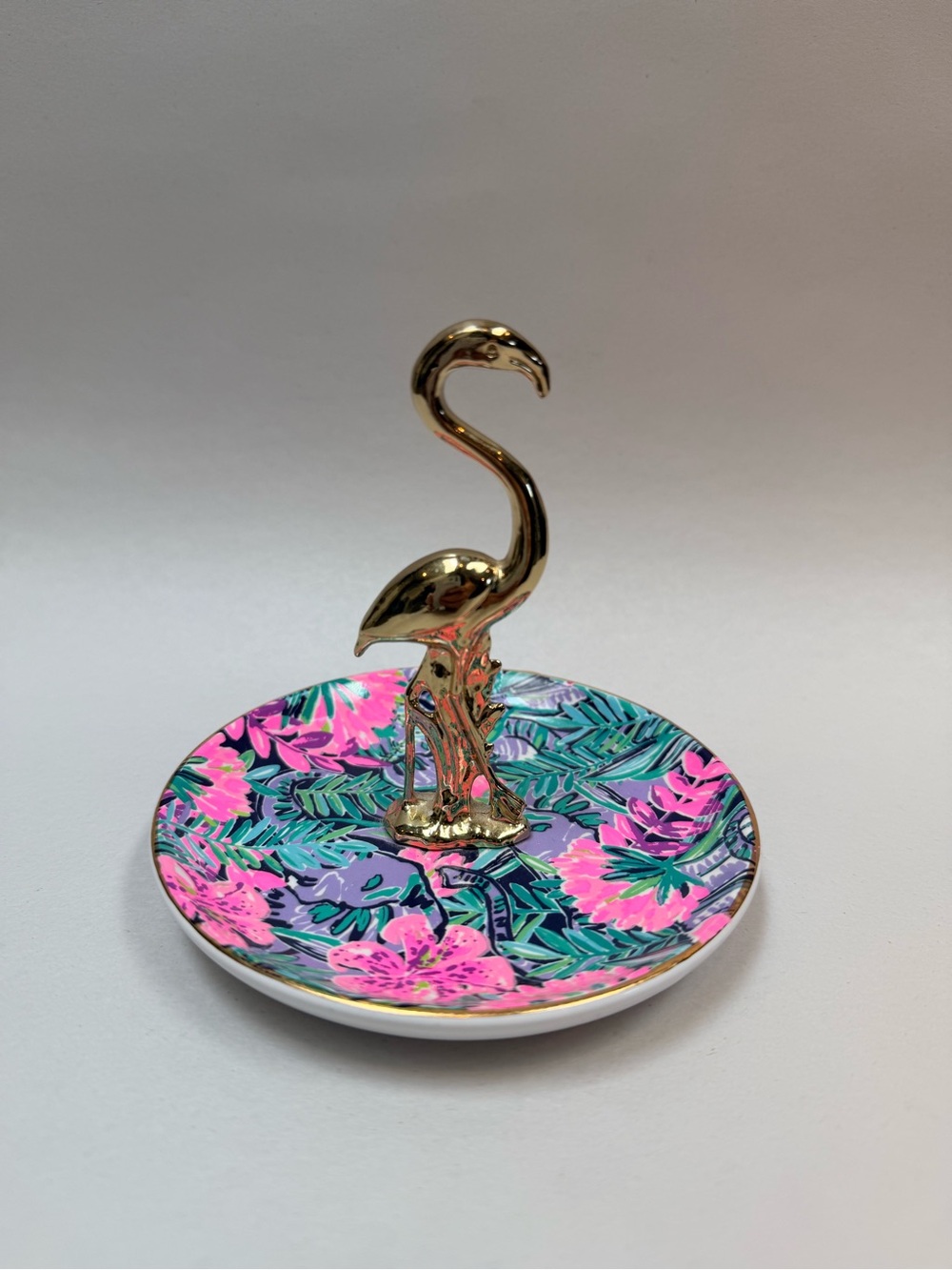 Lilly Pulitzer Flamingo Painted Palm Ring Holder Porcelain Round Dish Trinket